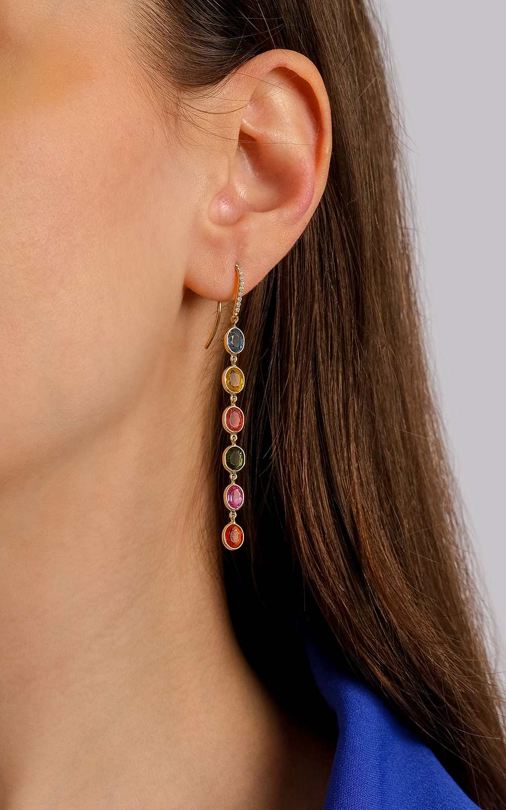Oval Rainbow Sapphire Long Earring