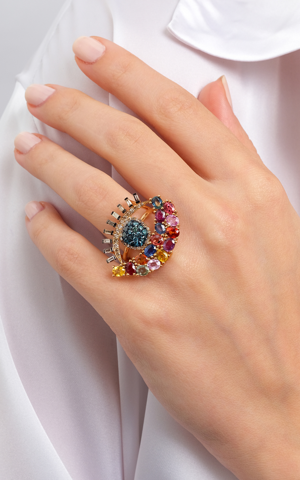 Renkli Safir Pırlanta Göz Yüzük